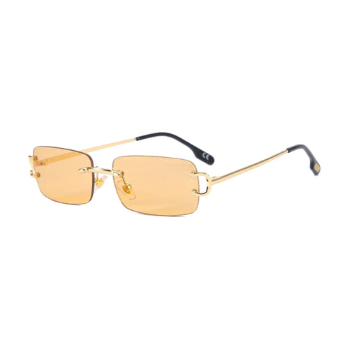 Amber — rimless rectangle sunglasses with amber lenses, gold temples
