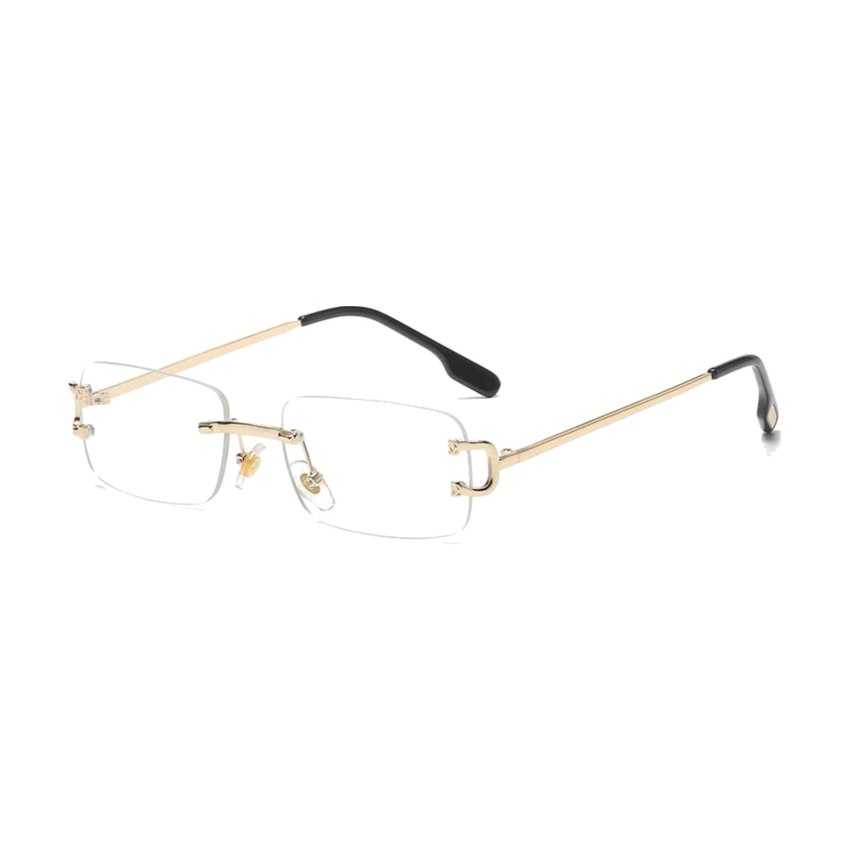 Crystal Gold — rimless rectangle sunglasses with clear lenses, gold temples