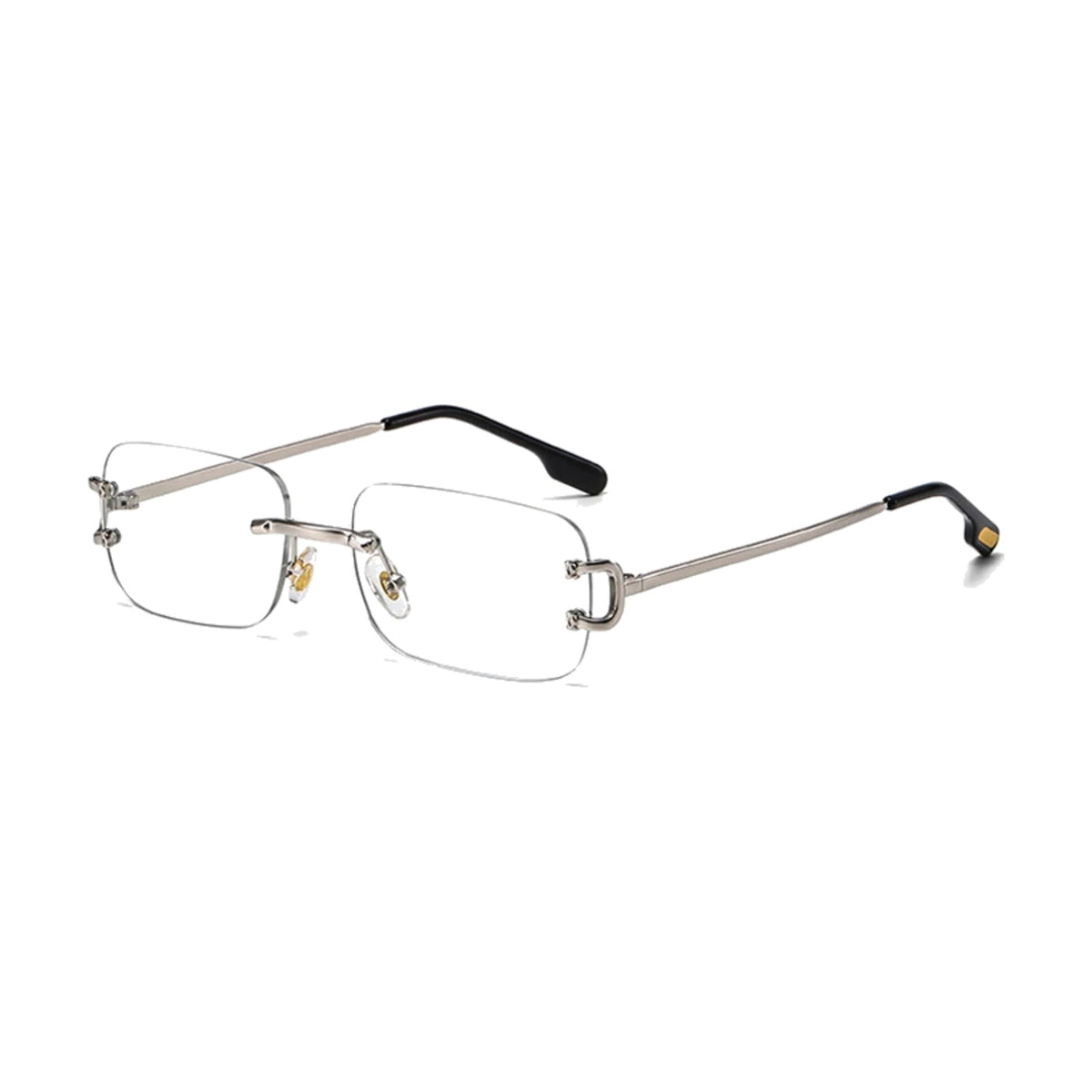 Crystal Silver — rimless rectangle sunglasses with clear lenses, silver temples