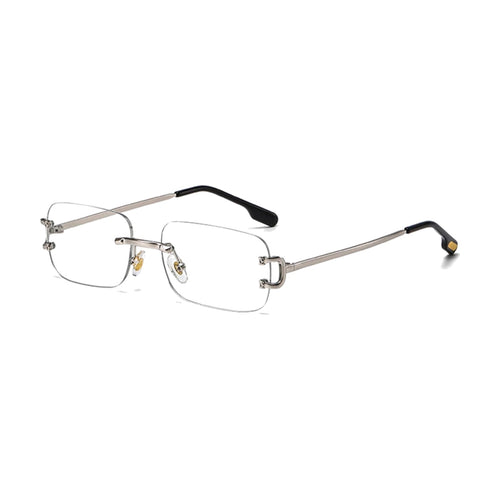Crystal Silver — rimless rectangle sunglasses with clear lenses, silver temples