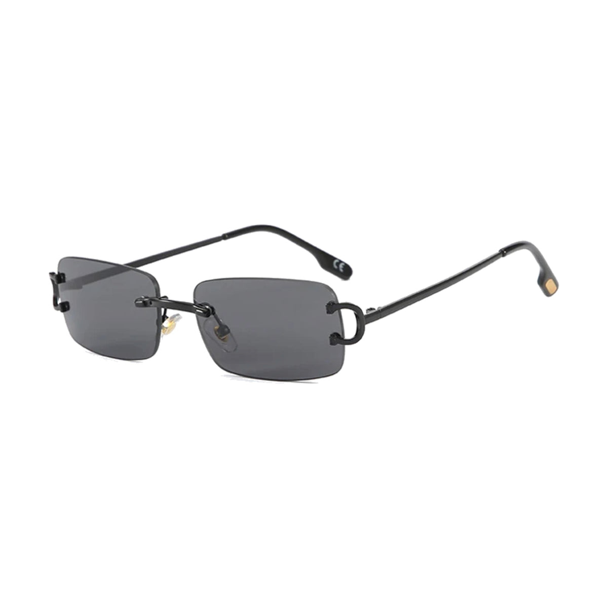 Onyx — rimless rectangle sunglasses with black lenses, dark temples