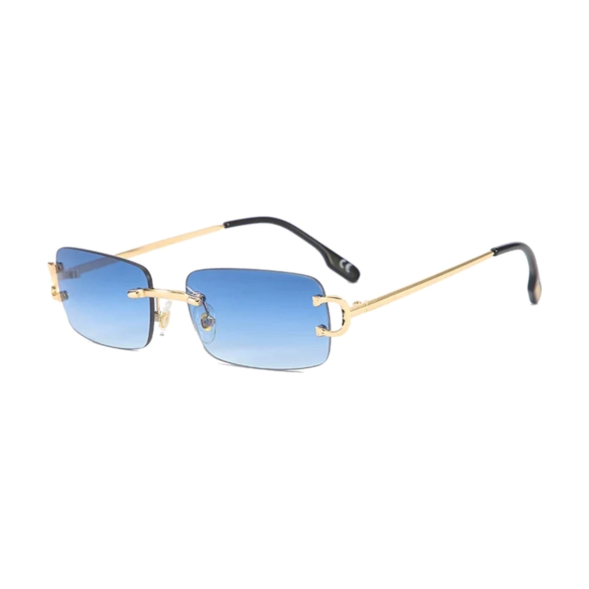 Pacific — rimless rectangle sunglasses with blue gradient lenses, gold temples
