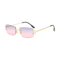 Sunset — rimless rectangle sunglasses with rose-to-lilac gradient lenses, gold temples