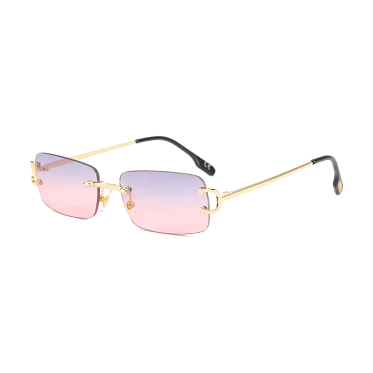 Sunset — rimless rectangle sunglasses with rose-to-lilac gradient lenses, gold temples